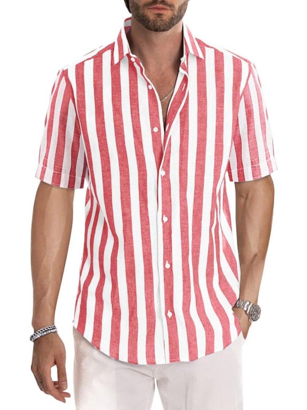 Stylish Men's Short Sleeve Striped Dress Shirt - Casual Cotton Beachwear Top